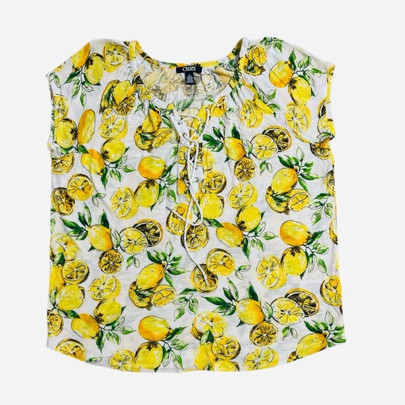 Chaps Green and Yellow Tie Front Cap Sleeve Blouse, Size Medium - Picture 3 of 5